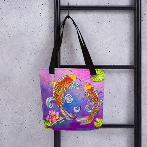Hand Paint Watercolor Koi Fish Lotus flower Tote bag