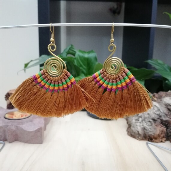 Hmong Hill Tribe Thai Handmade Tassel Earrings Brown Spiral
