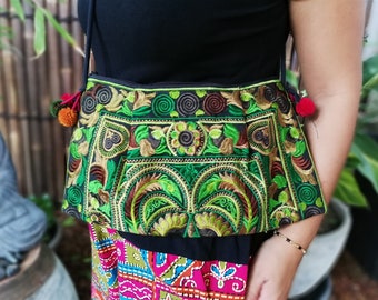 Hmong Hill Tribe Thai Handmade Crossbody Hand Bag,  Fair Trade, Boho, Bohemian Style, Hippie, Woman's. Exotic Ethnic bag, Floral pattern