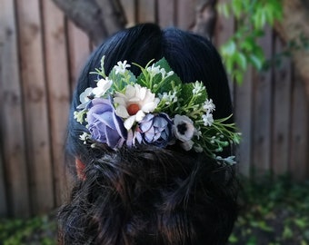 Handmade Light Blue & White Hair Comb, Handmade flower, Hair Comb, Wedding Comb, Flower Hair Comb, Bride Comb, Floral Comb, Decorative Comb