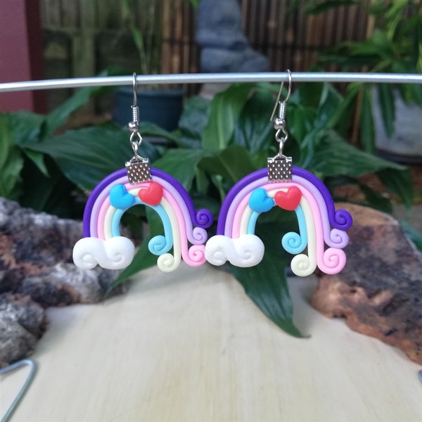 Polymer Clay handmade Rainbow, Heart Dangle Earrings, Polymer Clay Earrings, Fair Trade, One of a Kind!