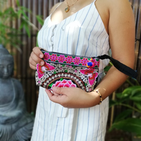 Hmong Hilltribe Thai Handmade Handbags, Clutch,  Flower, Butterfly,Thai Style, Fair Trade, Handmade, Boho, Bohemian Style, Hippie, Woman's.