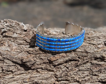 Zuni Opal Inlay Sterling Silver Cuff Bracelet sz 6.5, Signed