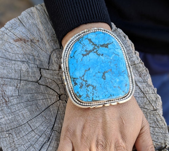 Vintage Navajo Cuff Bracelet, Rare Massive Blue Kingman Matrix Turquoise by Tom Begay, Native American Sterling Silver Jewelry