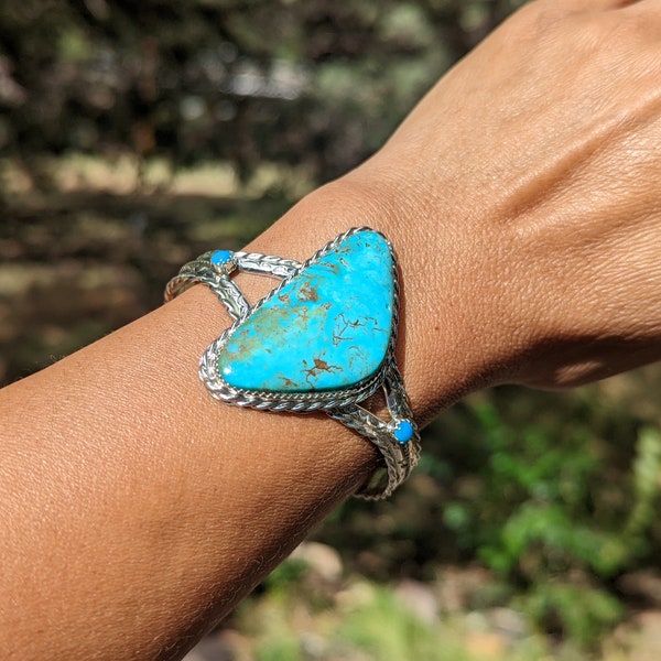 Zuni Cuff Bracelet Mountain Turquoise Sterling Silver sz 6.5in, Native American Handmade Bevis Tsadiasi Jewelry Southwest Artisans