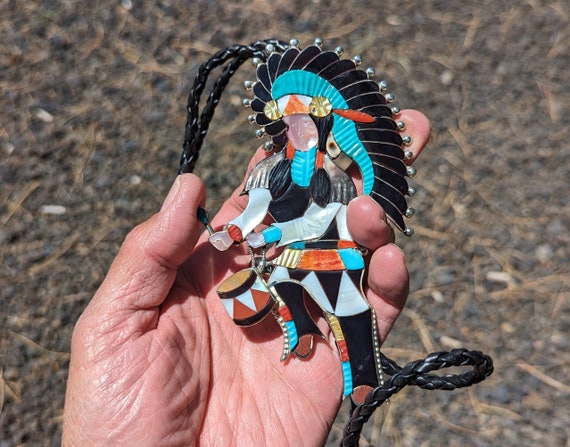Dancing Chief Kachina Vintage Native American Zuni Turquoise Inlay Sterling Silver Ring Dancing Chief Kachina Vintage Native American Zuni Turquoise Inlay Sterling Silver Ring