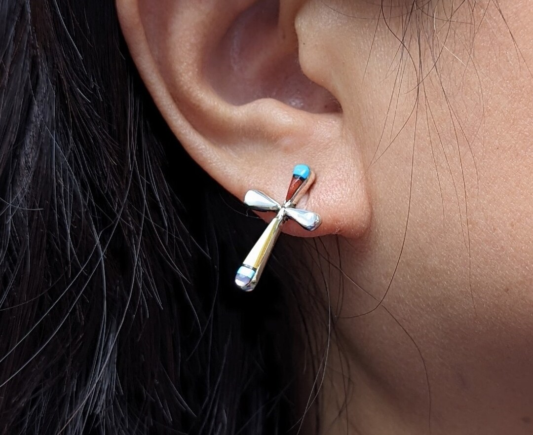 Native American Zuni Women's Earring Cross Inlay Handmade