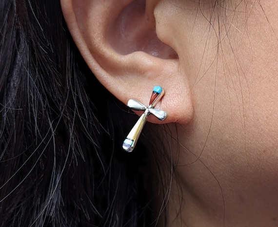 Native American Zuni Women's Earring Cross Inlay Handmade