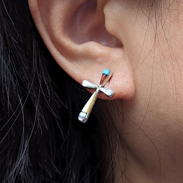 Native American Zuni Women's Earring Cross Inlay Handmade Sylvester Noche Southwest Artisans, Jewelry