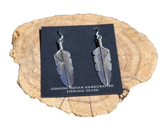 Handcrafted Navajo Dangle Earrings Sterling Silver Feather Design Genuine Native American Signed Jewelry