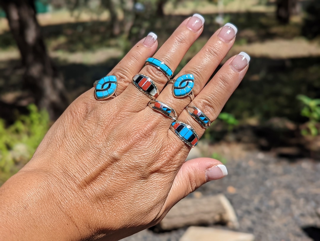 Zuni Rings Sterling Silver Multi-stones Inlay Handmade Native American ...