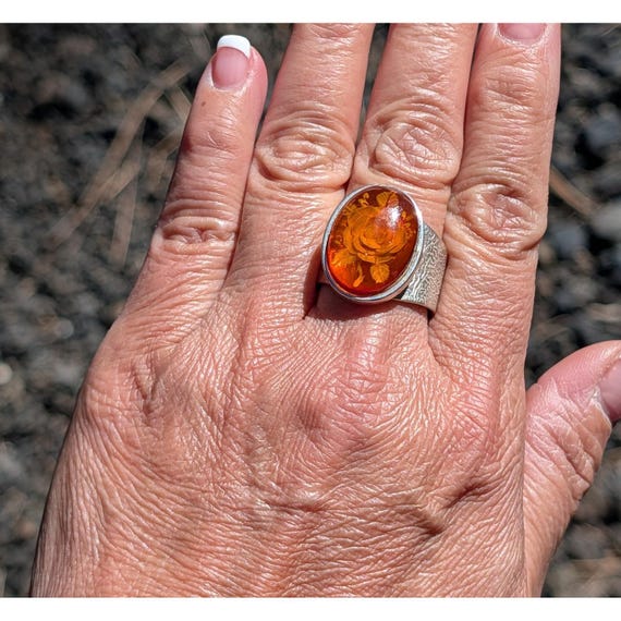 Handcrafted Cherry Amber Ring Reverse Intaglio Fl… - image 3