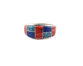 Anello Navajo autentico con intarsio di pietre multiple, firmato, fatto a mano, NA Jewelry, taglia 11 US**
