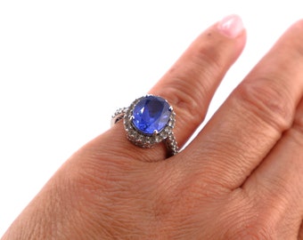 Vintage Women's Sapphire and Diamond Ring Solid 14k White GOLD Jewelry Size 5US