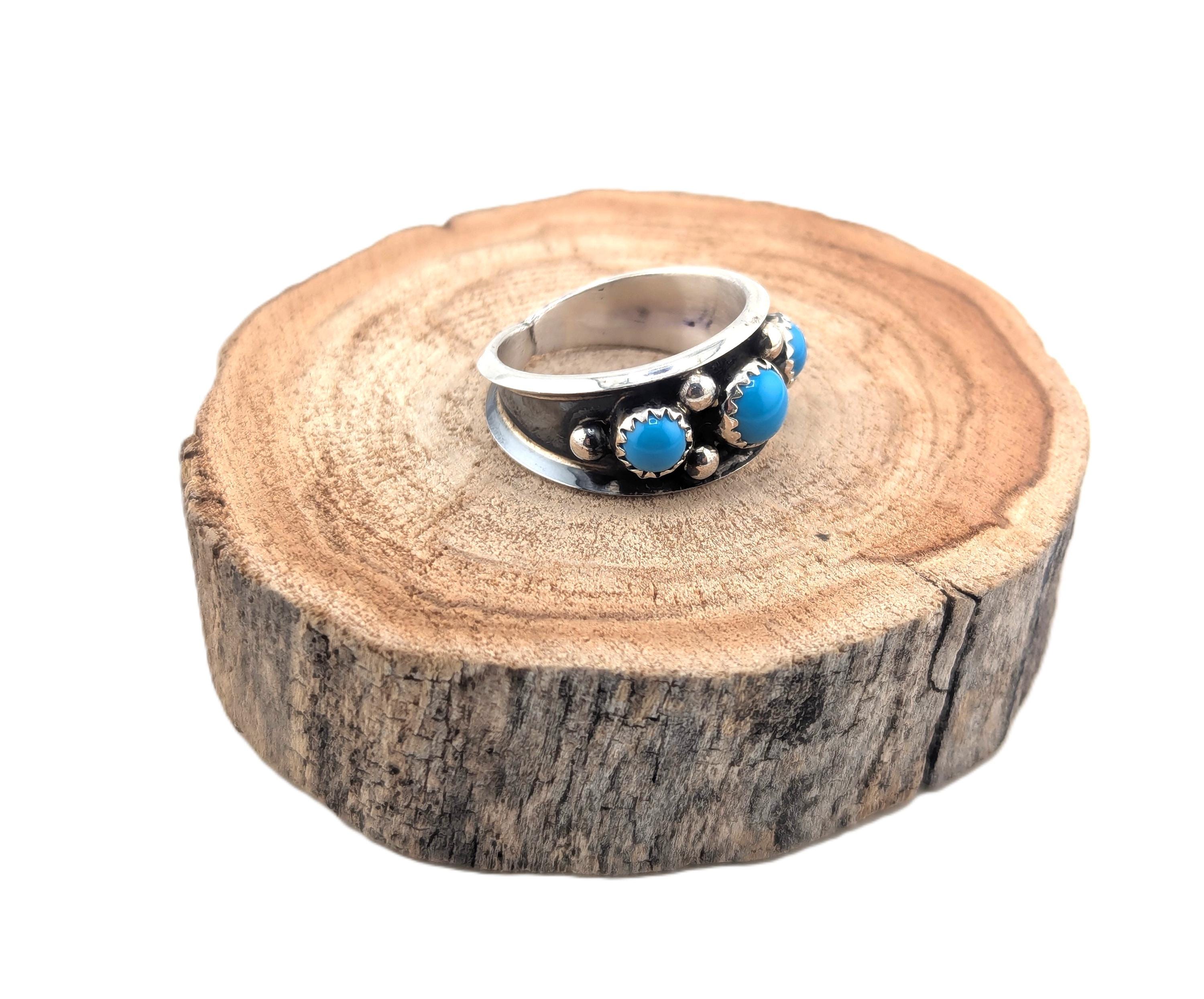 Handmade Navajo Turquoise 3-stone Band Ring Sterling Silver