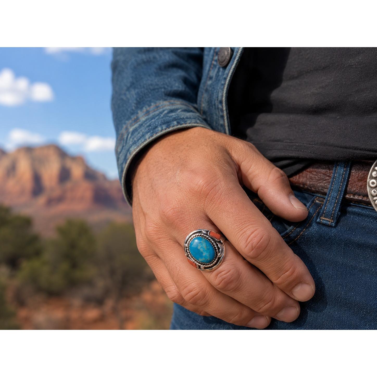Men's Navajo Turquoise and Red Coral Sterling Silver Ring by Kree