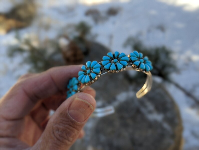 Signed Native American Hand Made Jewelry Southwest Artisans Turquoise Flower Sterling Silver Vintage Navajo Cuff Bracelet