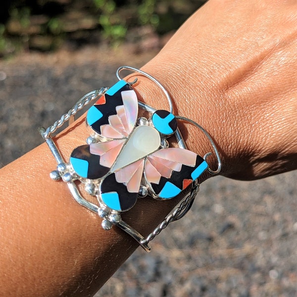 Native American Jewelry Cuff Bracelet Large Butterfly Multi Stones Inlay Sterling Silver Signed Zuni Handmade Southwest Style Size 6.5