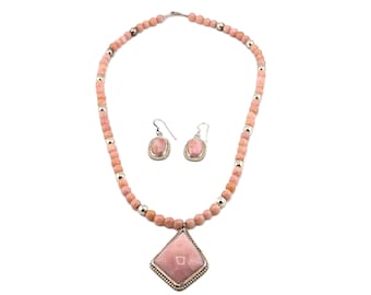 Native American Peruvian Opal Stone Necklace & Earrings Set Sterling Silver Pink Beads Jewelry