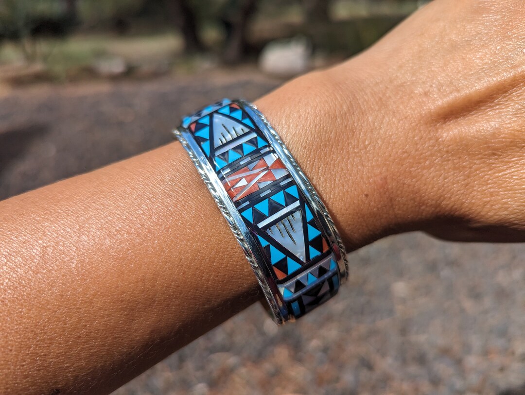 Zuni Turquoise Inlaid Cuff Bracelet: Sterling Silver Native