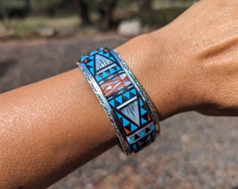 Zuni Turquoise Inlaid Cuff Bracelet: Sterling Silver Native