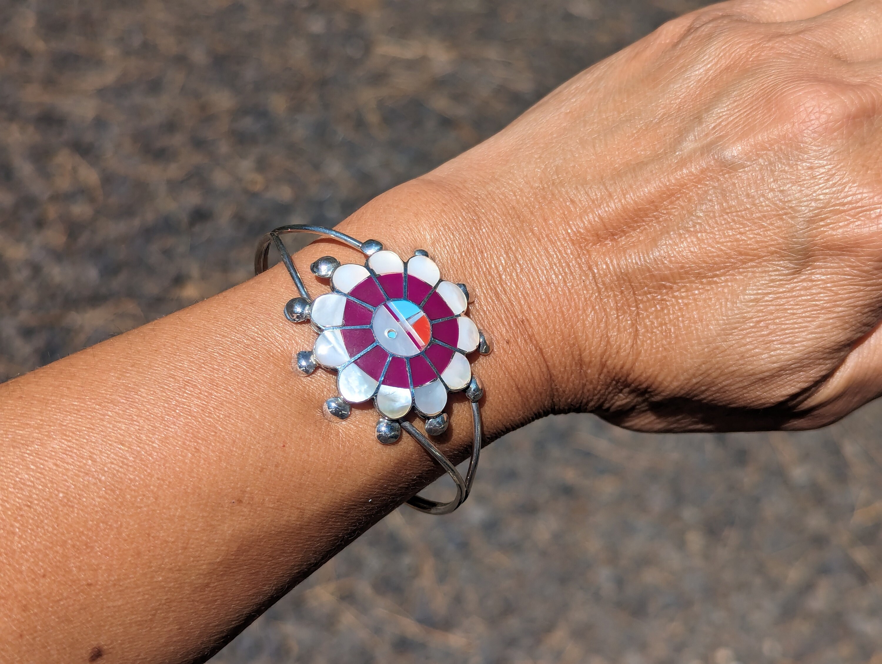 Zuni Sun Face Inlay Cuff Bracelet: Sterling Silver Native American