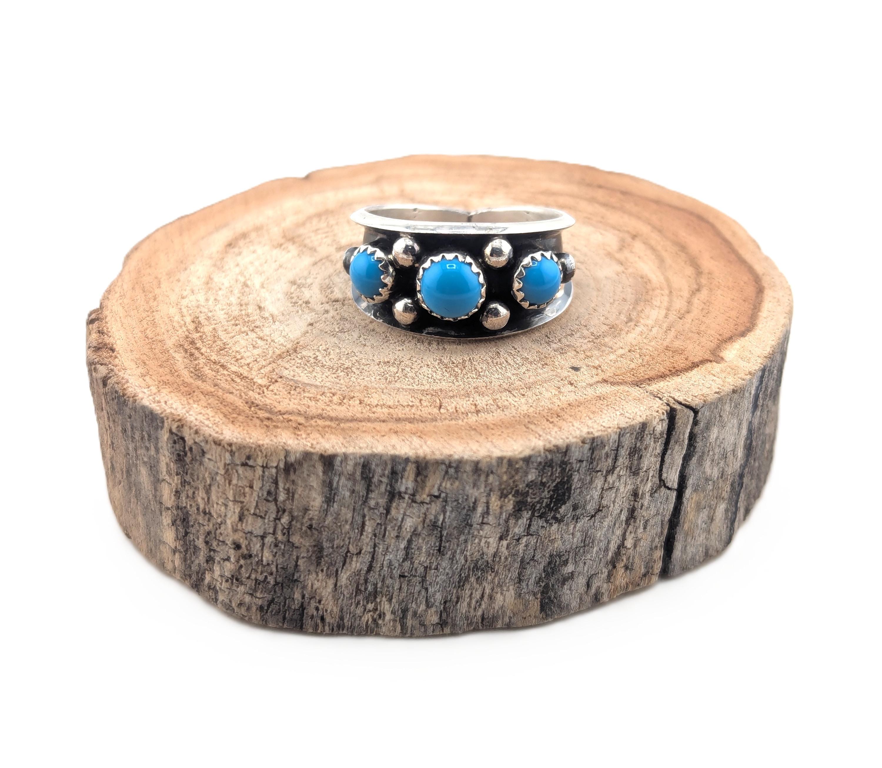 Handmade Navajo Turquoise 3-stone Band Ring Sterling Silver