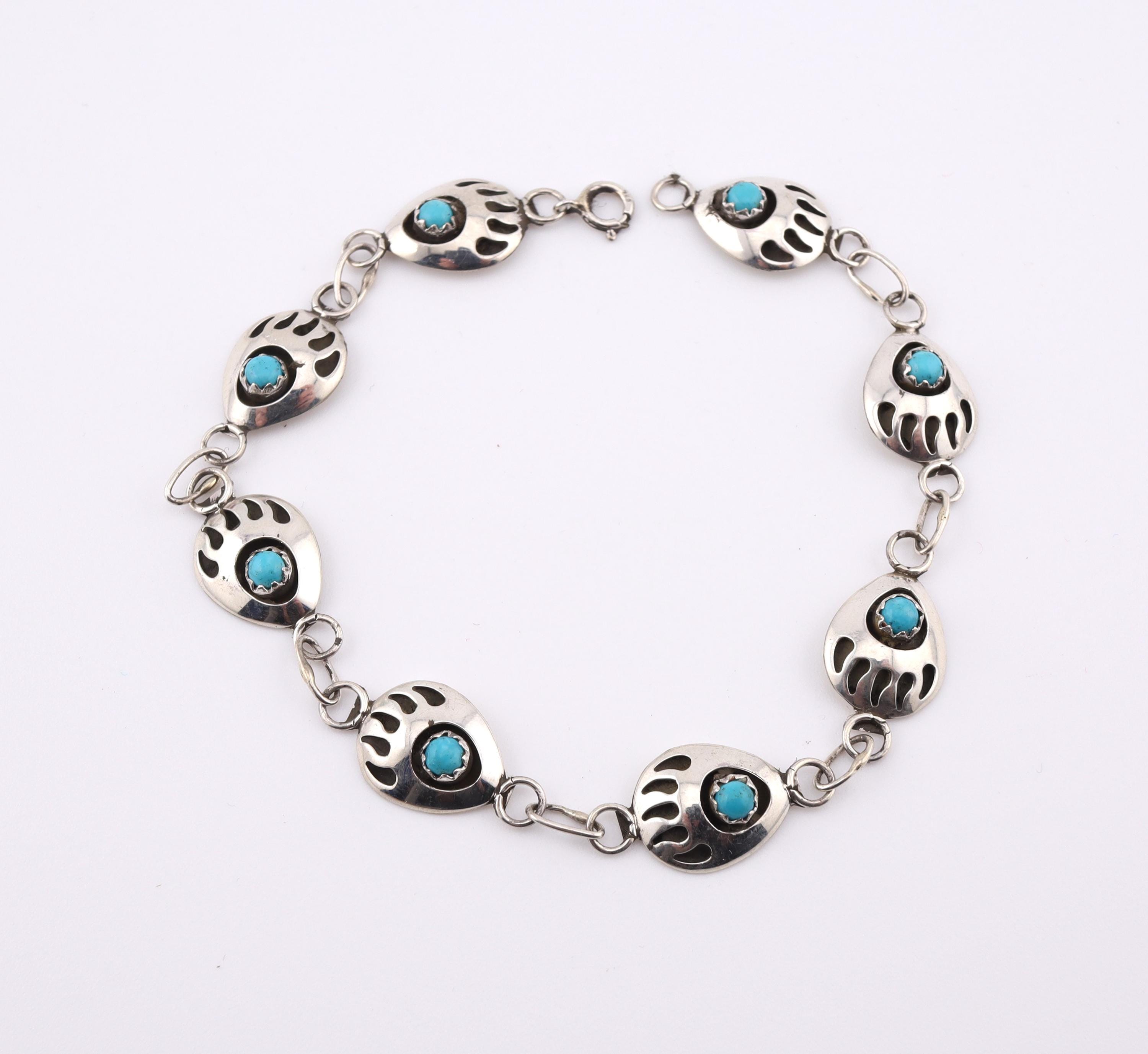 ブレスレット Mini Navajo Bear Bracelet #7965 Navajo Mini Bear Paw Link Bracelet Turquoise Stone Handmade