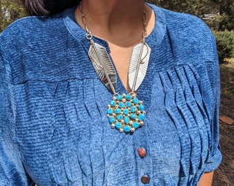 Turquoise Cluster Necklace: Navajo Sterling Silver Feathers, Southwest Jewelry