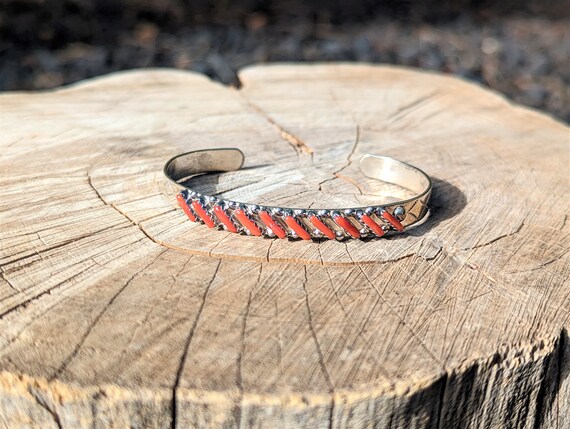 Rare Slanted Coral Vintage Native American Zuni Sterling Silver Bracelet Cuff Rare Slanted Coral Vintage Native American Zuni Sterling Silver Bracelet Cuff