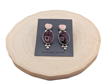 Handmade Navajo Sterling Silver Purple Spiny Oyster & Pink Heart Post Earrings**