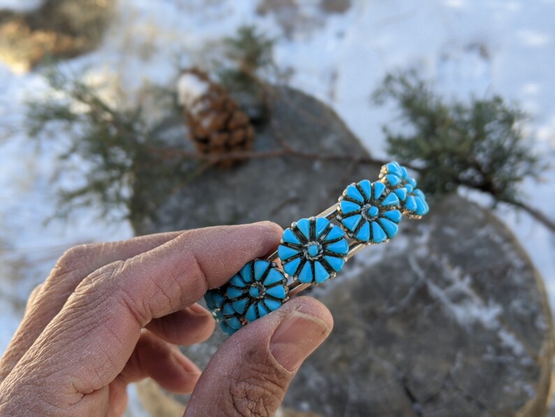 Signed Native American Hand Made Jewelry Southwest Artisans Turquoise Flower Sterling Silver Vintage Navajo Cuff Bracelet