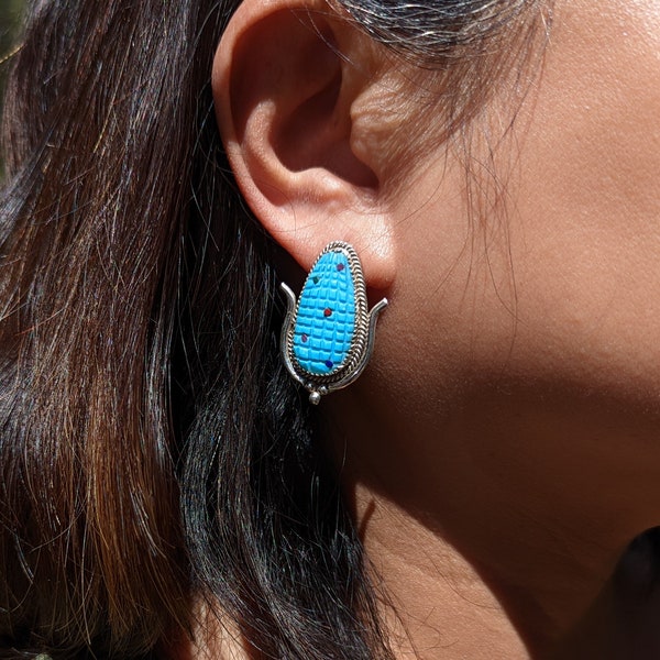 Zuni Corn Earrings, Turquoise Sterling Silver  Native American Hand Made Tracy Bowekaty Jewelry Southwest Artisans