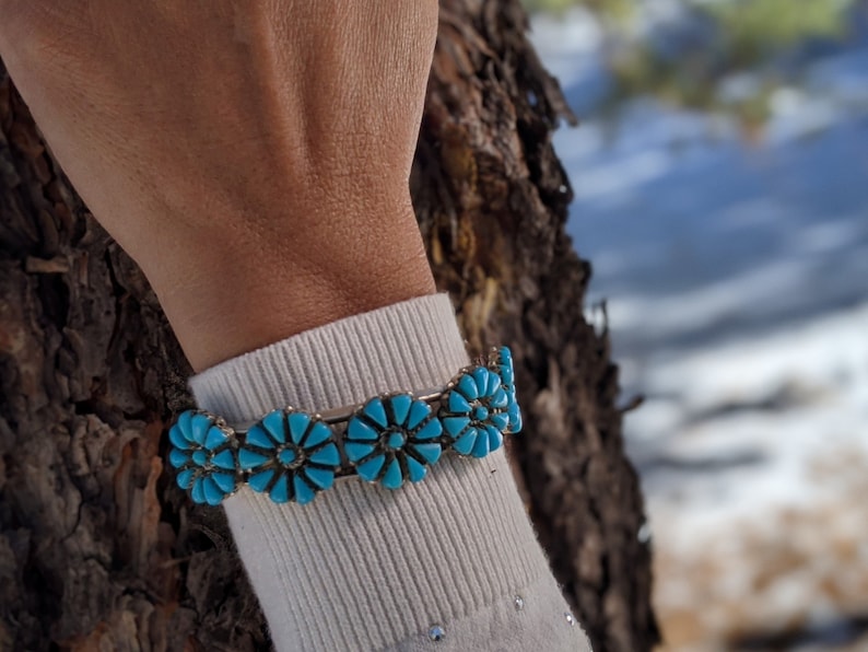 Signed Native American Hand Made Jewelry Southwest Artisans Turquoise Flower Sterling Silver Vintage Navajo Cuff Bracelet