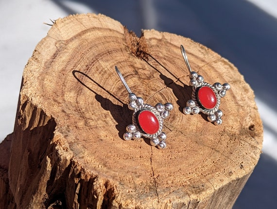 Vintage Sterling Silver Earrings Red Carnelian Si… - image 4