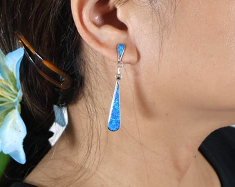 Authentic Zuni Sterling Silver Teardrop Dangle Earrings with Synthetic Opal - Native American Jewelry
