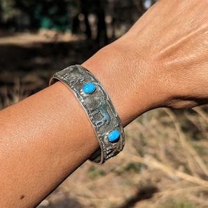 Navajo Cuff Bracelet Horses Kingman Turquoise sz 7.25in Heavy Sterling Silver Signed Emerson Kinsel Handmade Jewelry