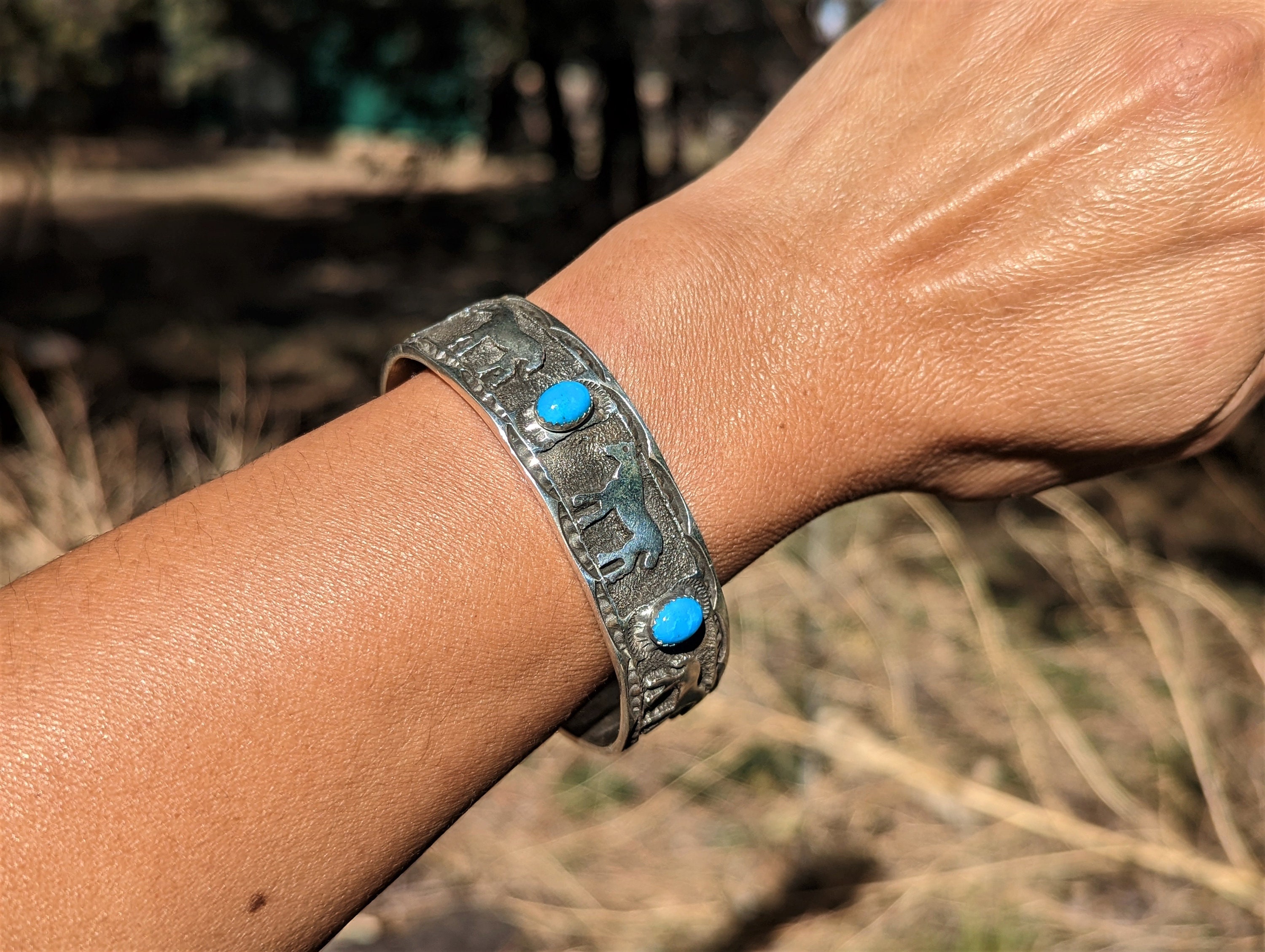 Navajo Cuff Bracelet Horses Kingman Turquoise Sz 7.25in