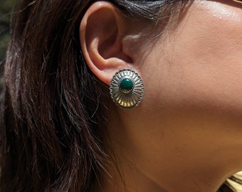 Vintage Native American Sterling Silver Earrings – Malachite Southwest Navajo Jewelry – Boho Style