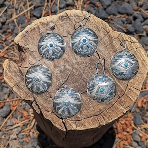 Native American Jewelry Women's Earrings Hand Stamped Jewelry Blue Bead Center Concave Saucer Handmade
