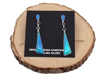 Women's Zuni Offset Triangle Dangle Earrings: Sterling Silver Opal Native American Jewelry - Southwest Beauty