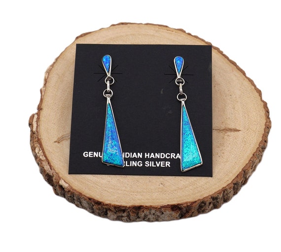 Women's Zuni Offset Triangle Dangle Earrings: Sterling Silver Opal Native American Jewelry - Southwest Beauty
