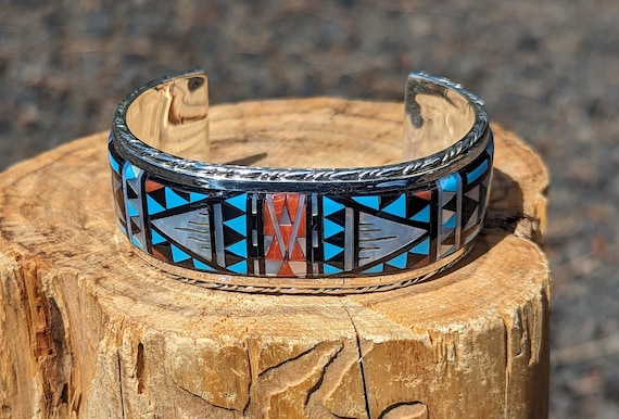アクセサリー indian jewelry zuni bangle Zuni Turquoise Inlaid Cuff Bracelet: Sterling Silver Native