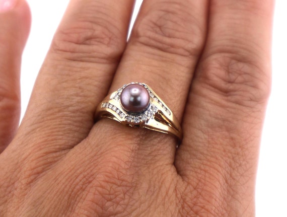 Vintage Black Pearl Ring Women's 10k GOLD Diamond… - image 1