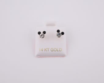 Pendientes pequeños con diseño de Mickey Mouse en oro de 14 k con circonita cúbica y pasador de rosca para mujer **