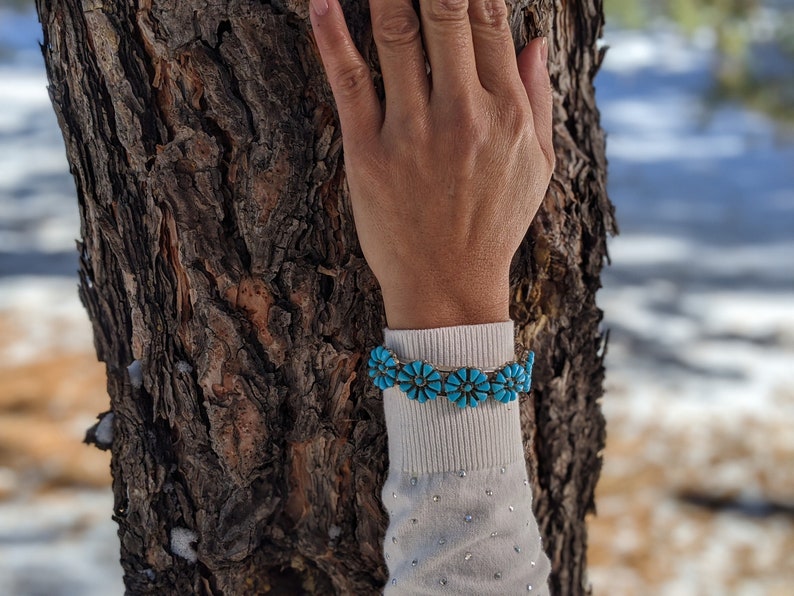 Signed Native American Hand Made Jewelry Southwest Artisans Turquoise Flower Sterling Silver Vintage Navajo Cuff Bracelet
