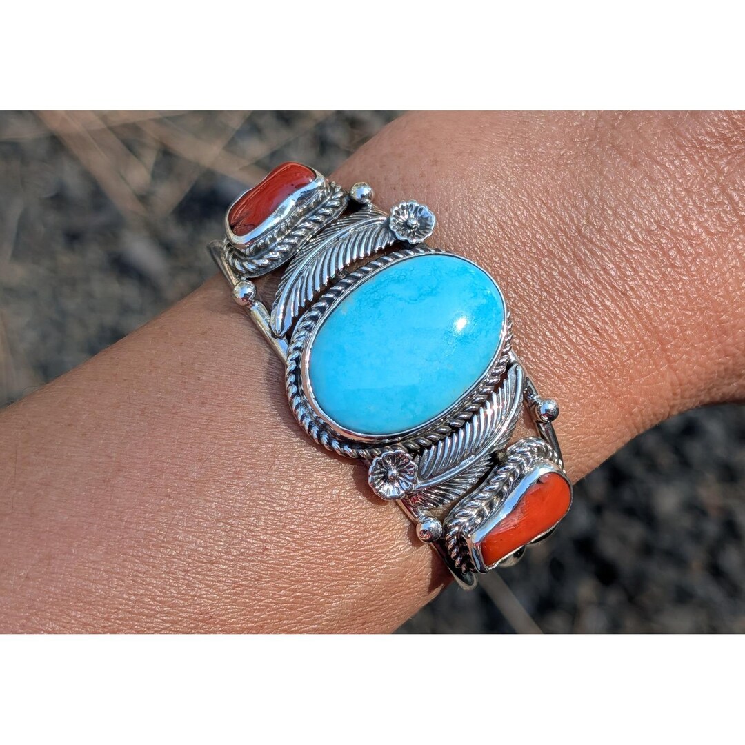 Handmade Navajo Sterling Silver Turquoise Coral Cuff Bracelet Signed ...