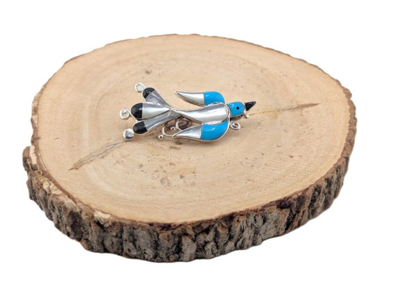 Quam Native American Zuni Inlay Turquoise Jet Roadrunners Sterling Silver Ring Quam Native American Zuni Inlay Turquoise Jet Roadrunners Sterling Silver Ring