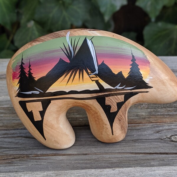 Navajo Pottery, Hand Made Native American Ceramic Artwork, Traditional Bear Shape w Painted Teepee and Mountains, Signed by Artist