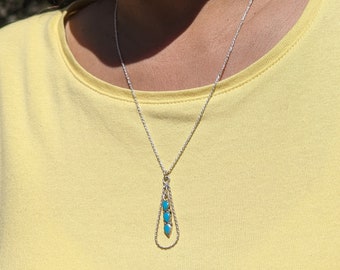 Native American Vintage 3 Teardrop Turquoise Pendant Sterling Silver Necklace Jewelry